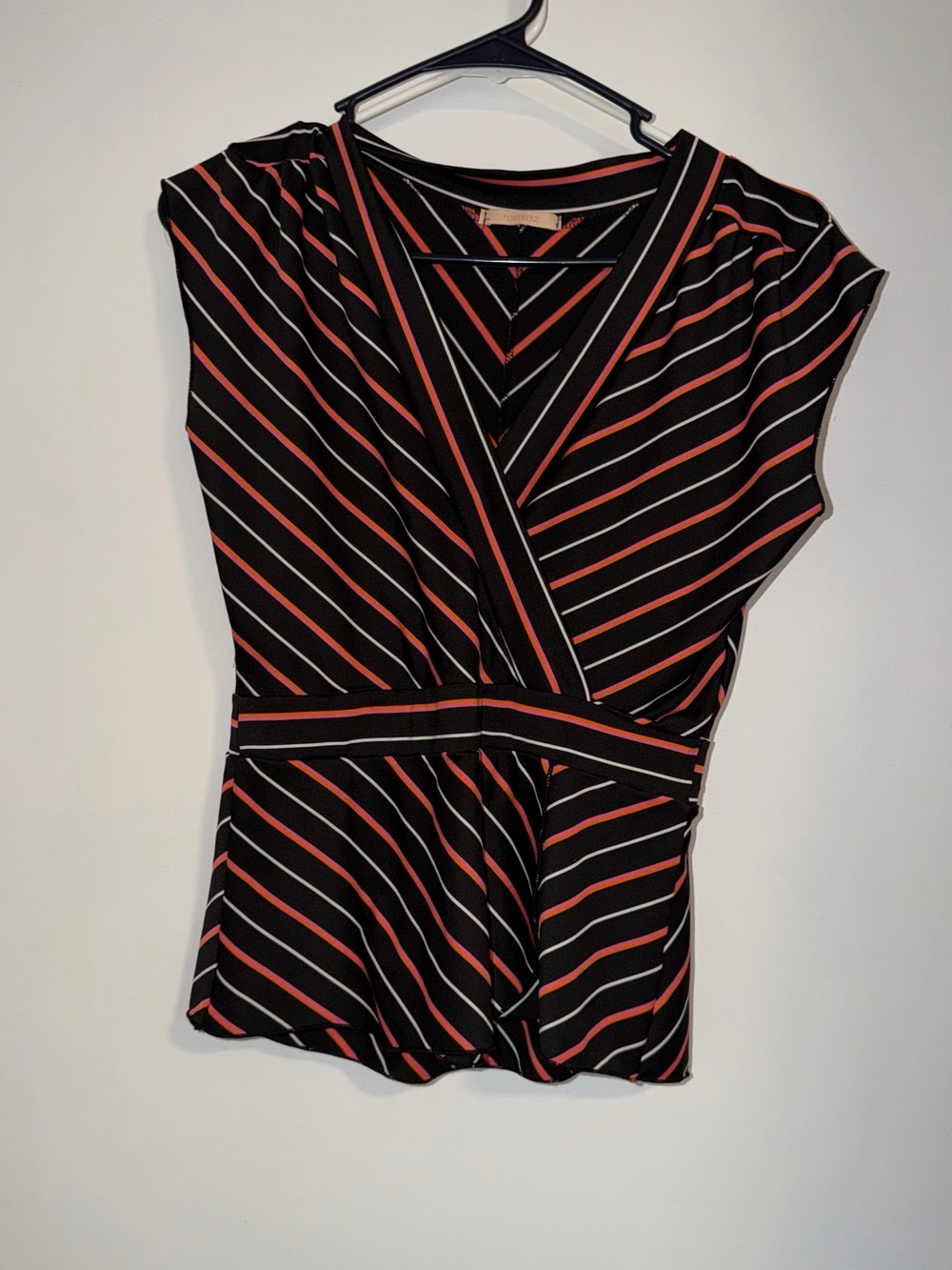 Vintage Forever 21 Women’s Black Striped Wrap-Style Top with Coral Accents